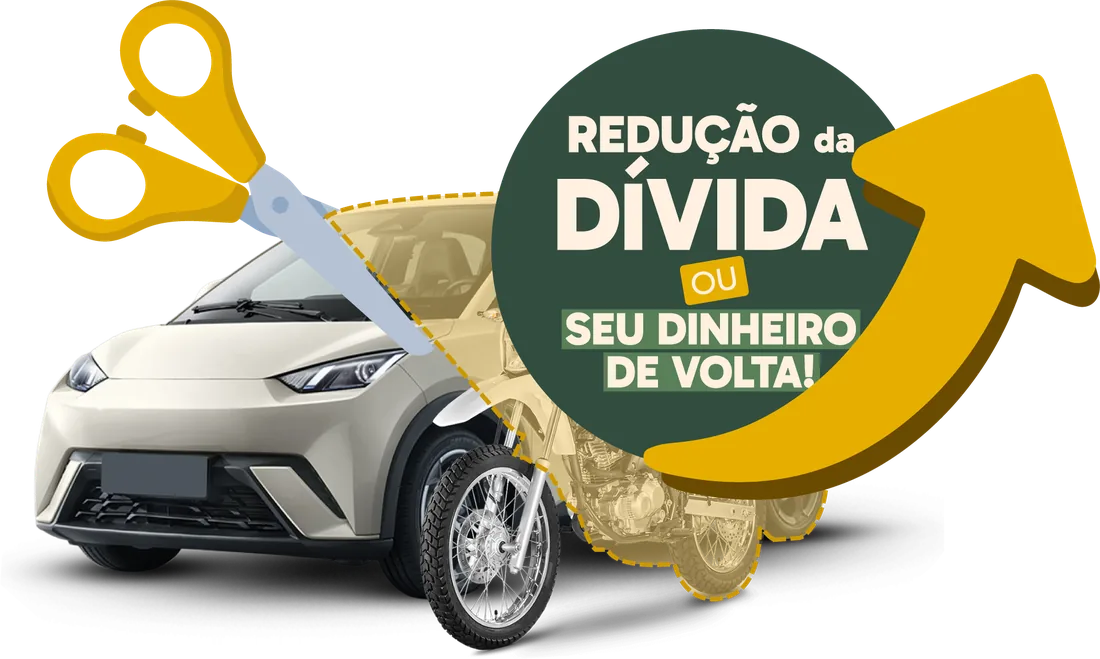 Carro e moto com a dívida sendo cortada pela tesoura: redução da dívida ou seu dinheiro de volta