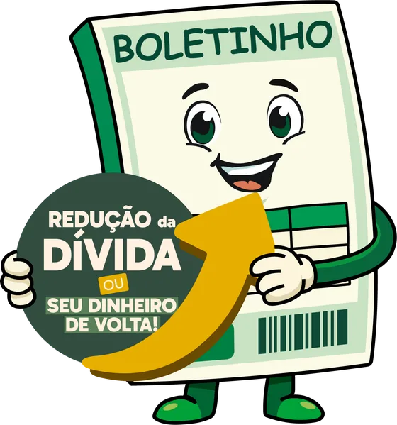 Sr. Boletinho segurando o selo Redução da dívida ou seu dinheiro de volta